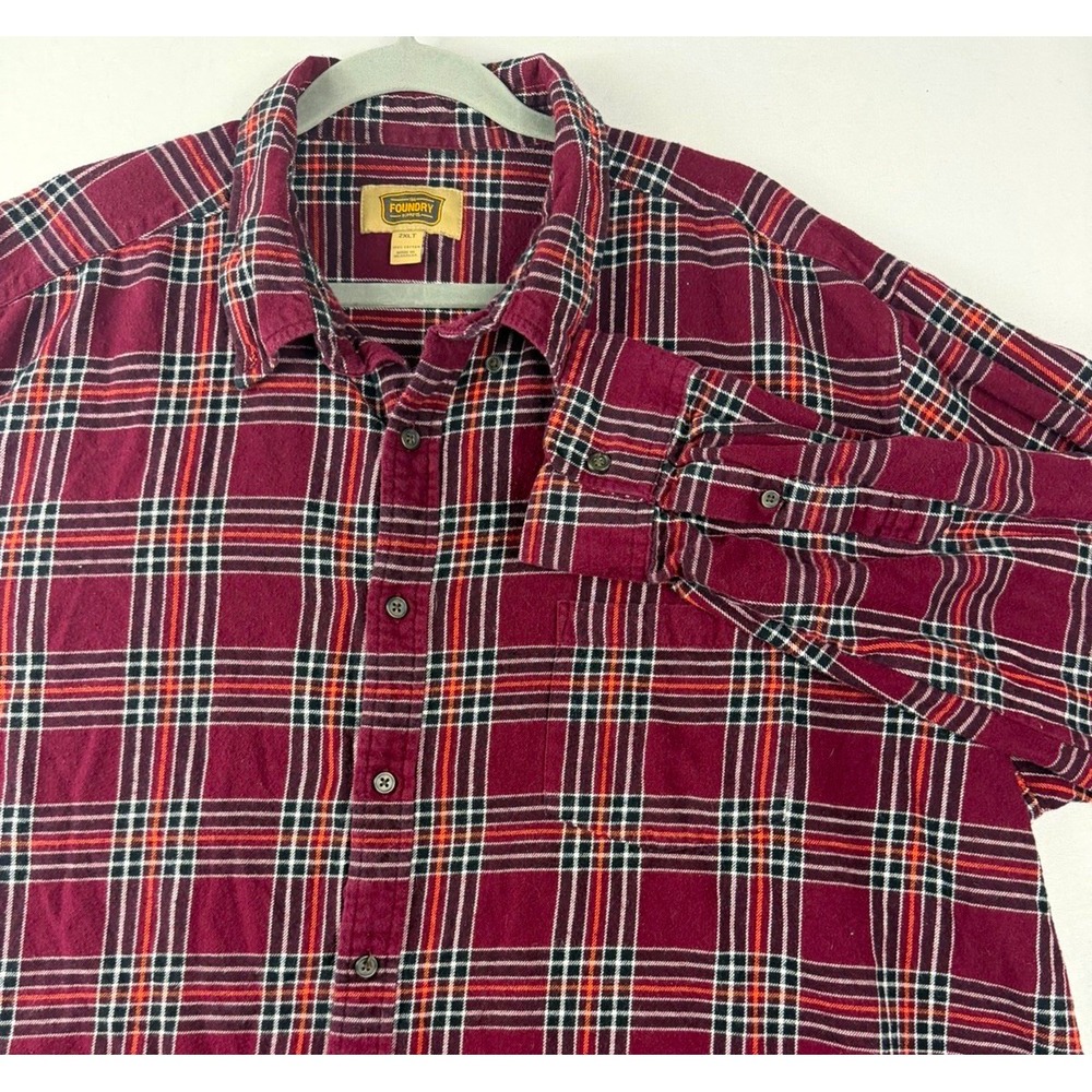 Foundry burgundy plaid flannel ls button-up shirt w/ pockets, men's 2xlt